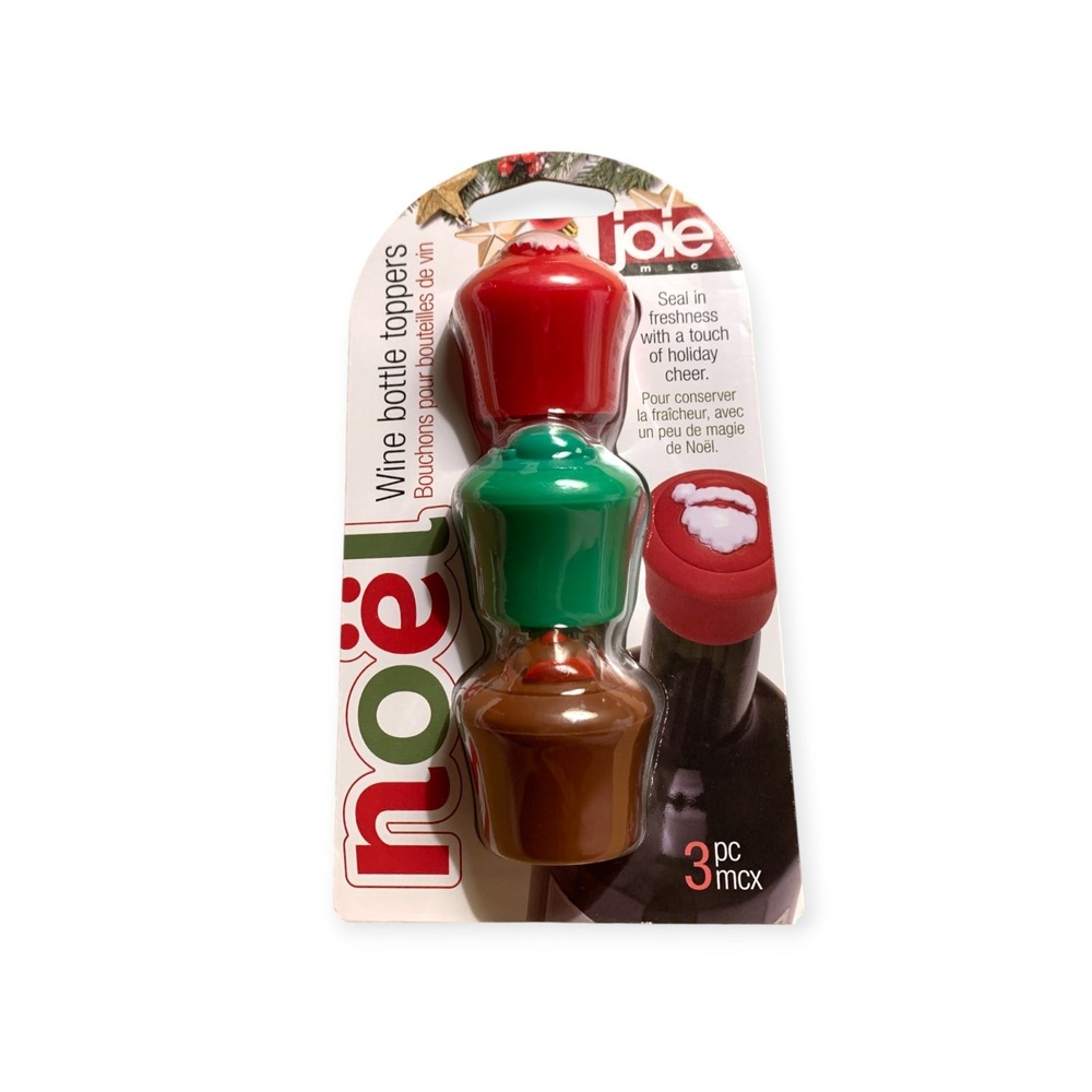 Joie Wine Bottle Toppers 3pc Silicone‎ BPA Free Christmas Santa Elf Reindeer NEW
